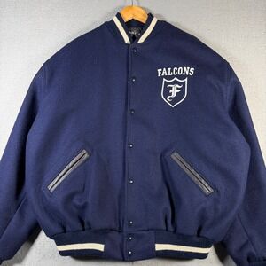 Vintage Settlemier's Falcons Lettermans Jacket Navy Blue Leather Trim Men's XXL